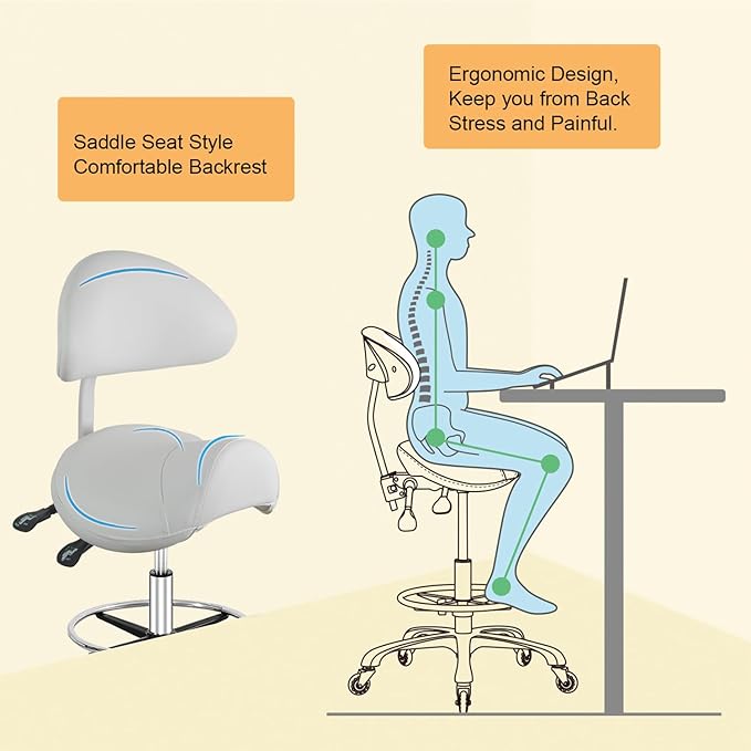 Nazalus Saddle Stool Chair with Back Support Footrest, Heavy-Duty(350LBS), Hydraulic Rolling Swivel Adjustable Stool Chair for Salon Spa Beauty Massage Dental Clinic Home Office Use(White)