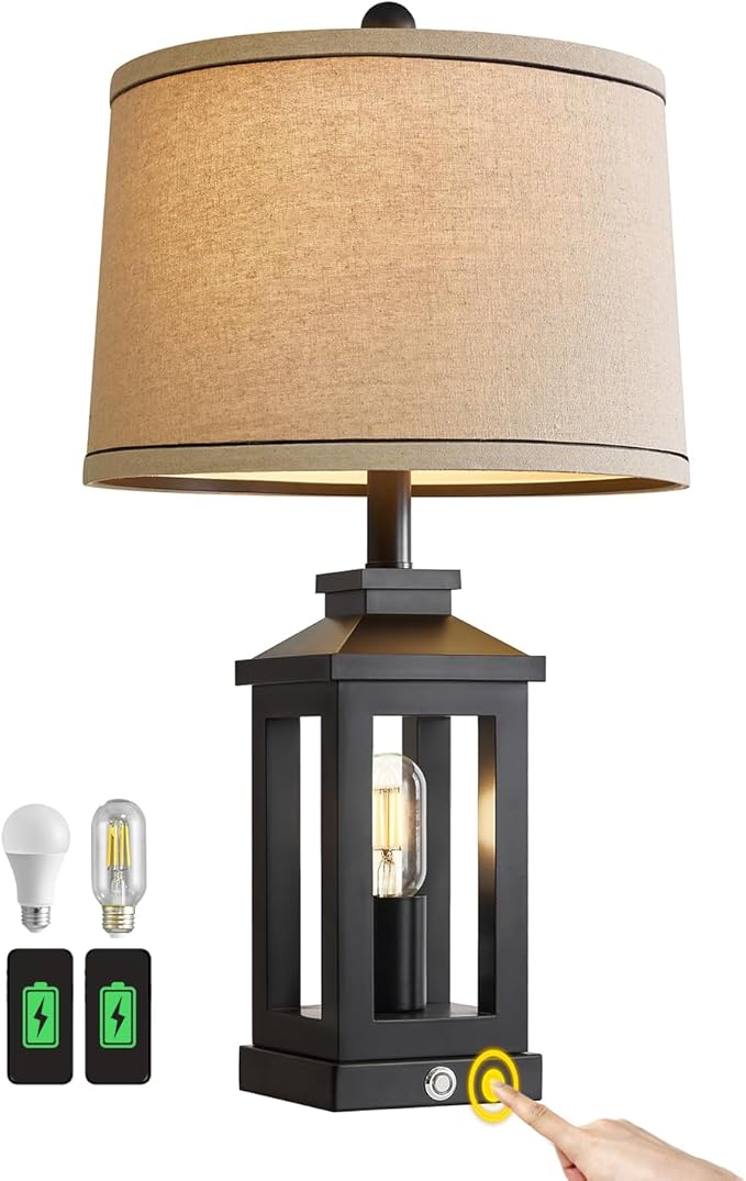 23.75" Retro Farmhouse Black Table Lamp for Living Room Bedroom Nightstand Single Pack Touch Control Bedside Nightlight Vintage Modern Lamp with USB C+A Ports and 2 Light Sources