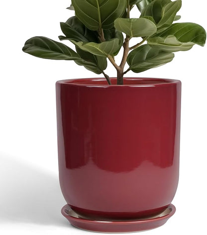 Ceramic Planter for Plants - 10 Inch Plant Pot Indoor with Drainage Hole and Saucer Modern Large Outdoor Planter Flower Pot for Home Decor Red