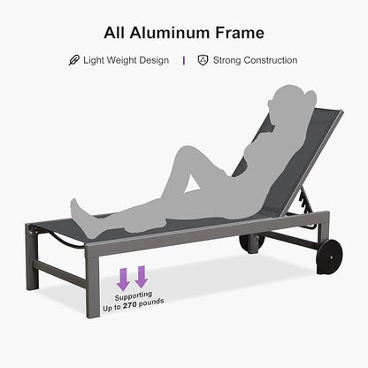 PURPLE LEAF Outdoor Lounge Chair Set for 2 Patio Chaise Lounger with Aluminum Frame and Wheels All-Weather Pool Lounge Chairs for Outside Garden Yard Poolside Table Included, Grey