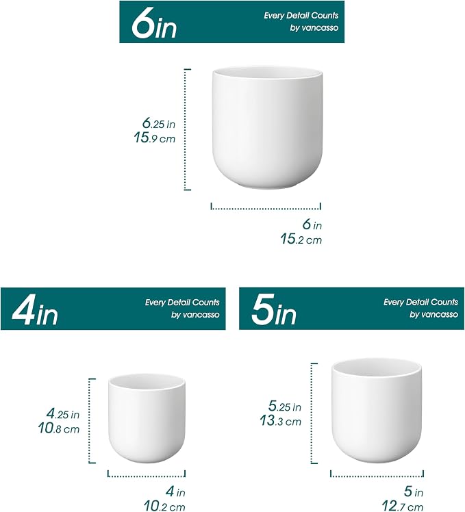 vancasso Ceramic Plant Pots, 4+5+6 inches, Set of 3, Planters with Drainage Hole, Flower Pots Planters Pots for Indoor Plants, Modern Indoor Decorative Garden Pot, Home Decor, White