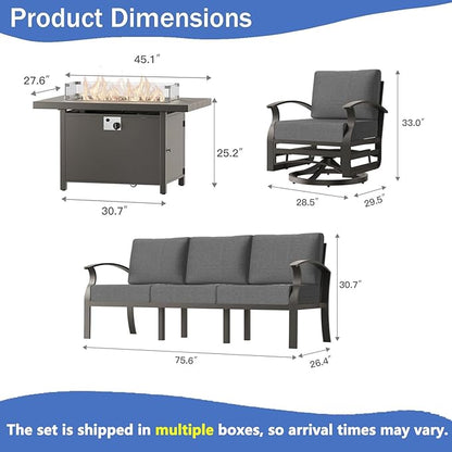 RTDTD Aluminum Outdoor Patio Furniture Set,4 Pieces 5 Seats Patio Conversation Sets with 45" Propane Fire Pit Table,Metal Patio Sectional Furniture Set with 2 Swivel Rocking Chairs,Grey