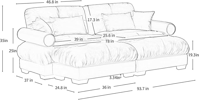 93.7” Oversized Grey Velvet Loveseat Sofa, Deep Seat 2-Seater Modular Sectional Couches for Living Room with 2 Ottoman, Cloud Home Sofas Set, Love Seat Couches