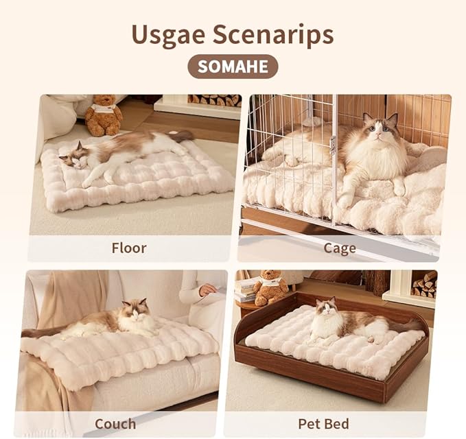 Cat Beds Cozy Pet Mat Faux Fur Kitten Pad Bed for Carriers/Couch Dog & Puppy Cute Friendly 23 x 15 Inch Medium White