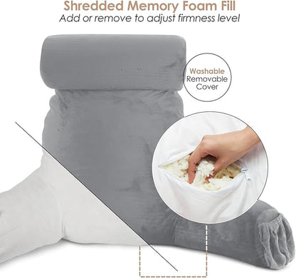 Nestl Reading Pillow with Shredded Memory Foam Includes 2 Neck and Lumber Support Pillows, Designed for Sitting Up in Bed and Couch, Back and Arms Adjustable Support for Adult & Teens, Grey