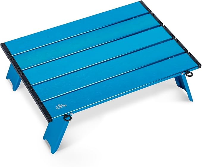 iClimb Ultralight Compact Mini Beach Picnic Folding Alu. Table with Carry Bag, Two Size (Blue - S)