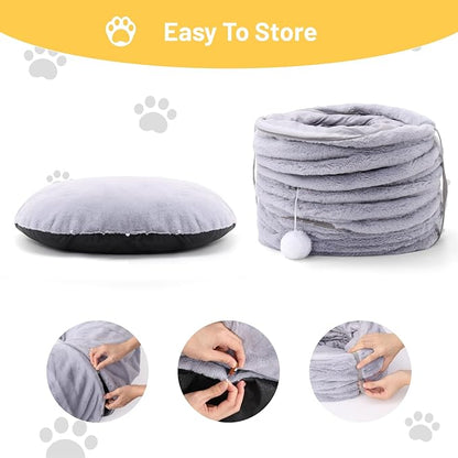 Luxury Plush Cat Tunnel Bed, White Faux Fur, Large Indoor Cat Hideaway, Cozy Sleeping Cave