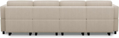 114.2" 5 Seater Modular Sofa with Deep Storage Seat,Corduroy Convertible L Shaped Sectional Couch,Modular Couch with Movable Ottoman Chaise,Upholstered Sectional Couches for Living Room,Beige