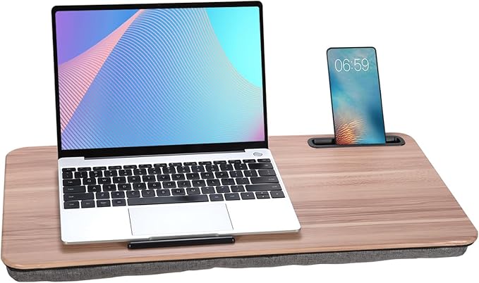 Portable Laptop Desk Fits Up to 16“ Laptops, with Tablet Slot, Built-in Cushion, Great for Home & Office,Lap Desk with Cushion (Warm Brown, Large)
