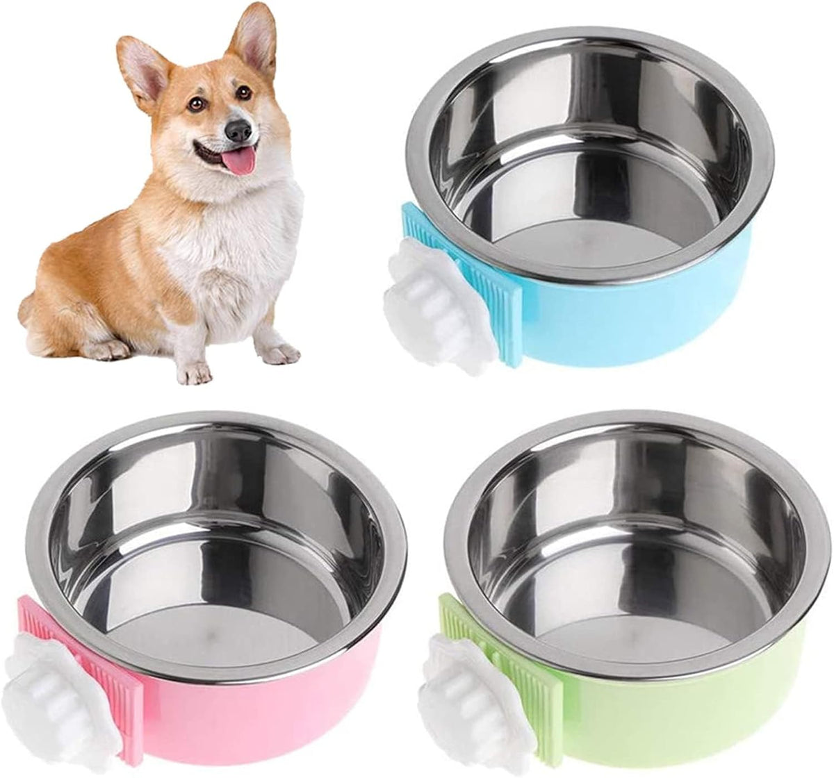 kathson Crate Dog Bowl, Removable Stainless Steel Hanging Pet Cage Bowl Food & Water Feeder Coop Cup for Cat, Puppy, Birds, Rats, Guinea Pigs 3pcs Large(Blue,Green,Pink)