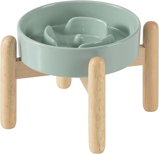 Ceramic 0.9 Cup Raised Dog Slow Feeder Set, Elevated Bowl