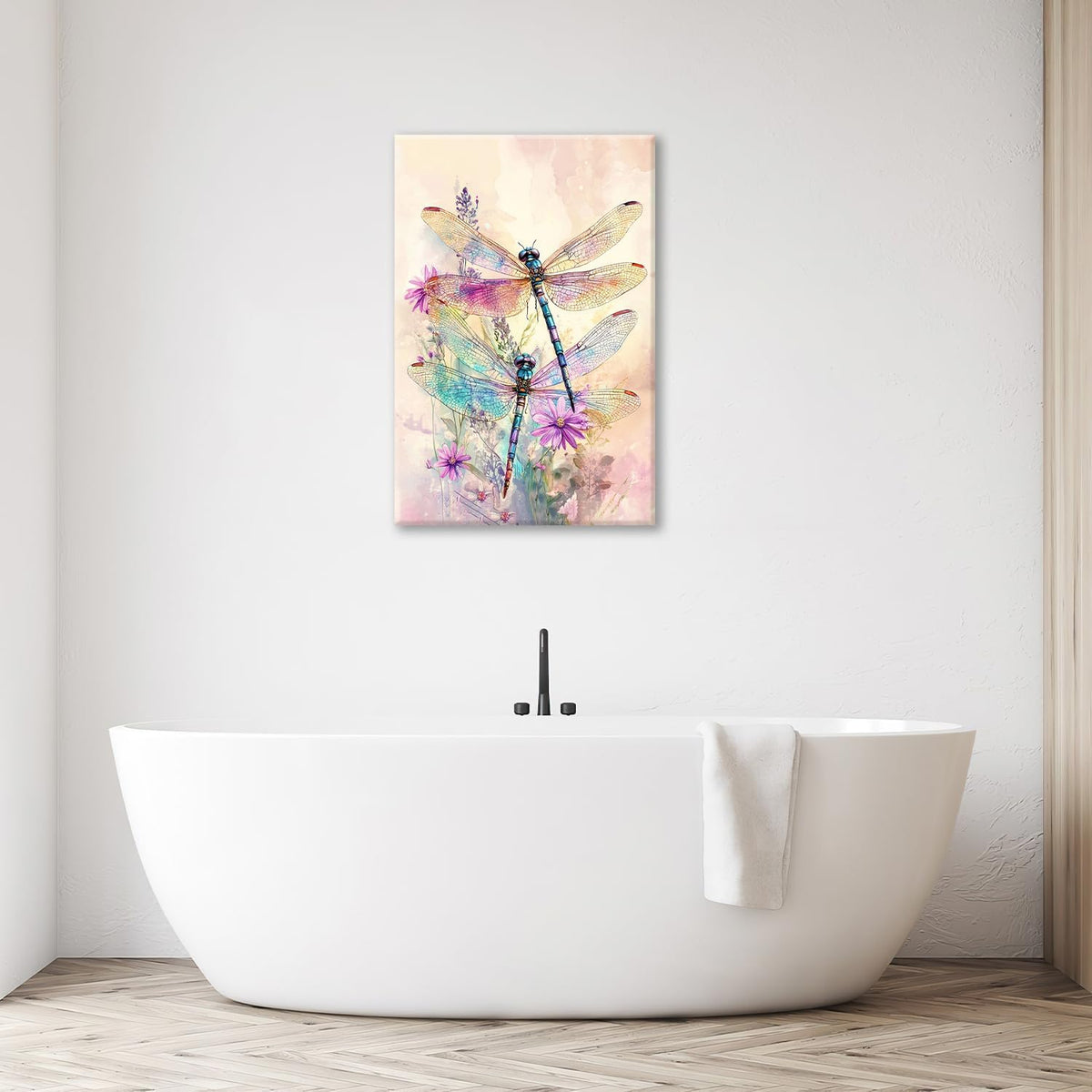 Dragonfly Bathroom Pictures Wall Art, Floral Bathroom Wall Decor, Framed Painting Canvas Artwork for Bedroom Living Room Decorations 24"L x 16"W