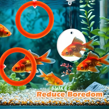 2pcs Bettas Fish Enrichment Toys Ring, with Mirror/Floating Ball, Exercise Floating Mirrors and Training Ring for Fish Tank, Aquarium Feeding Rings Accessories (Orange)