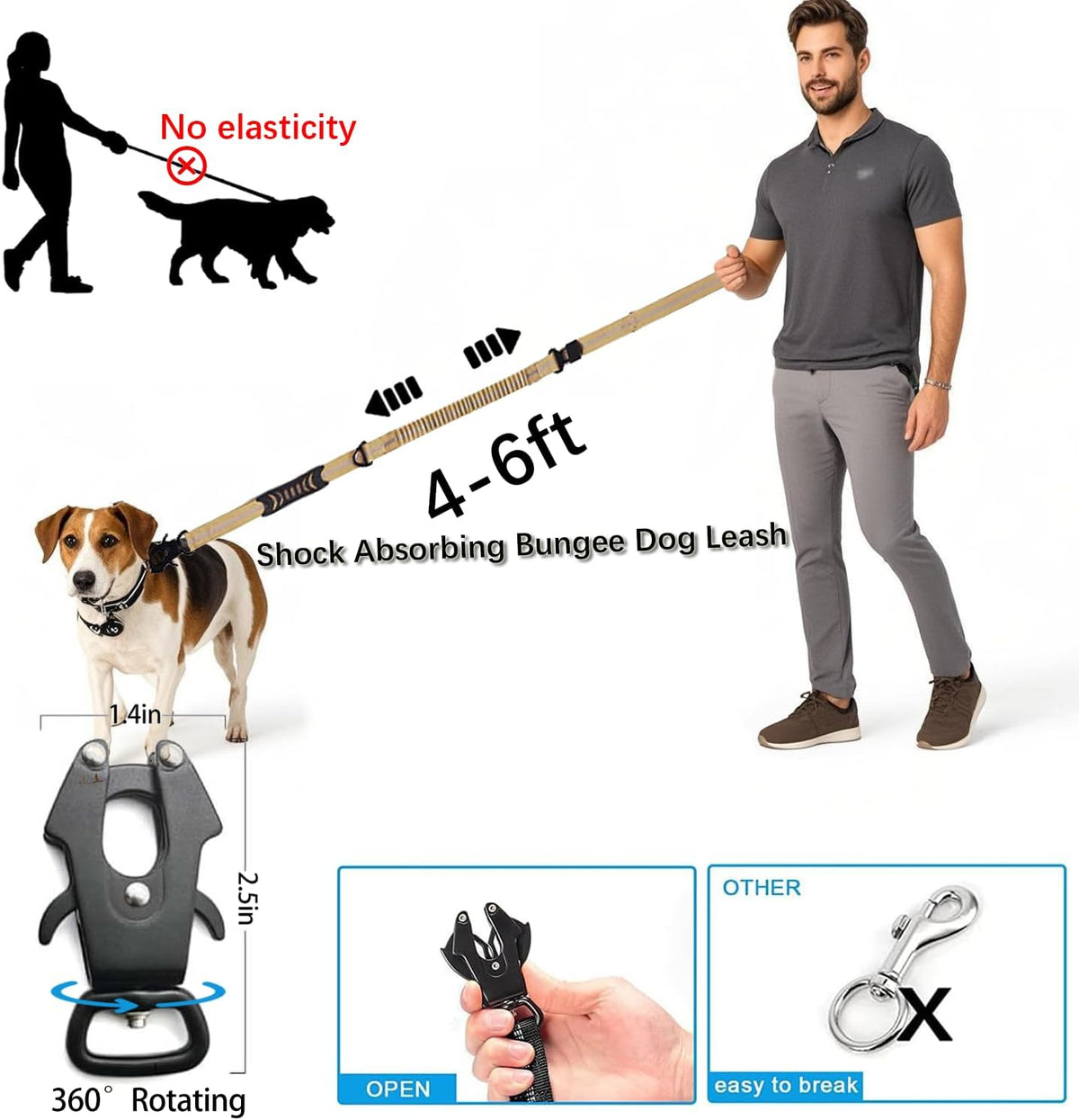 Heavy Duty Tactical Bungee Dog Leash, 4-6FT Shock Absorbing Tactical Leash with 2 Padded Handles, Metal Carabiner Clip,Car Seatbelt, Reflective Dog Leashes for Medium Large Dogs (Brown)