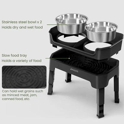 3-in-1 Elevated Dog Bowls Mess Proof Raised Slow Feeder Dog Bowls, 4 Height Adjustable Dog Bowl Stand Licking Plate with 2 56oz Stainless Steel Dog Food Bowls for Small Medium Large Dogs Pets