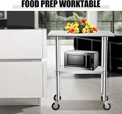 Stainless Steel Table - Metal Table Cart - Commercial Workbench with Caster Wheel - NSF Certified - for Restaurant, Warehouse, Home, Kitchen, Garage,30''x18''