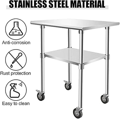 Stainless Steel Table - Metal Table Cart - Commercial Workbench with Caster Wheel - NSF Certified - for Restaurant, Warehouse, Home, Kitchen, Garage,30''x24''