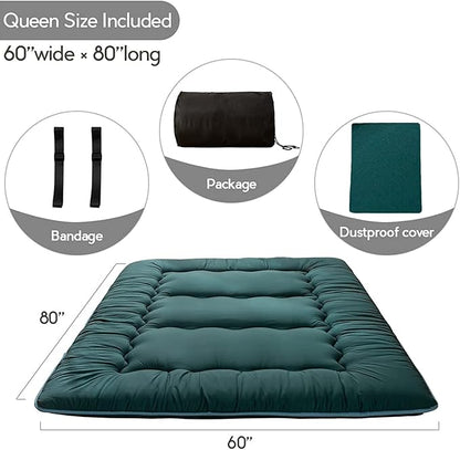 MAXYOYO Japanese Floor Mattress Futon Mattress, Thicken Sleeping Pad Foldable Roll Up Floor Futon for Adults Tatami Mat Dormitory Bed Lounger, Dark Green, Queen Size