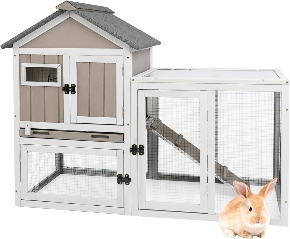 47''L Rabbit Hutch Outdoor Chicken Coop with Run, Wooden Indoor 2 Story Bunny House with Waterproof Roof, Pull Out Tray, Guinea Pig Rabbit Duck Cage for Small to Medium Animals and Pet Lover, Gray