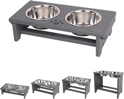 HTB Elevated Dog Bowl Stand with 2 Stainless Steel Bowls-4" H Small Grey | Raised Dog Bowl Stand, 4"tall, 21 Oz Bowls, for Small Sized Dogs, Pet-safe, Solid Bamboo