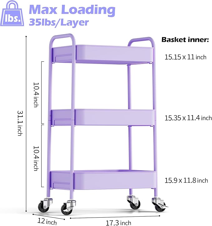 TOOLF 3-Tier Metal Rolling Cart
