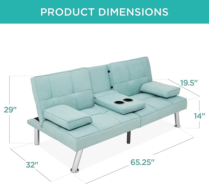 Best Choice Products Linen Modern Folding Futon, Reclining Sofa Bed for Apartment, Dorm w/Removable Armrests, 2 Cupholders - Aqua
