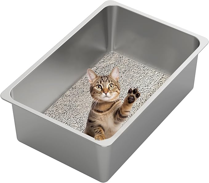 Kirecoo Stainless Steel Cat Litter Box XXL- Metal High Sided Cat Pan, Large Stainless Steel Box, Indoor Litter Tray, Non Stick, No Smell, Easy to Clean, Pet Toilet Supplies for Kitten, Kitty, Rabbit