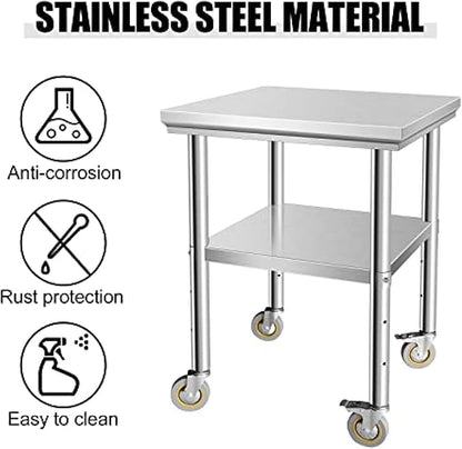 Stainless Steel Table - Metal Table Cart - Commercial Workbench with Caster Wheel - NSF Certified - for Restaurant, Warehouse, Home, Kitchen, Garage,24''x24''