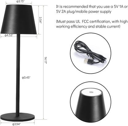 Maksone 2 Pack LED Cordless Table Lamp, 6600mWh Rechargeable Battery Desk Lamp, 3000K Stepless Dimming Night Light, IP54 Waterproof Metal Outdoor Portable Lamp for Restaurant, Patio (Black)