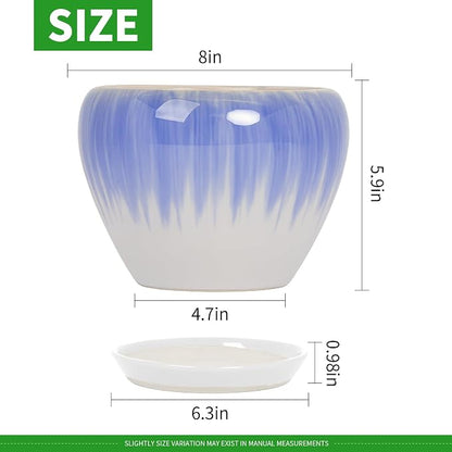Deep Dream 8 Inch Plant Pots- Ceramic Pots for Plants with Drainage Hole and Saucer, Large Planter Pot for Indoor Plants Outdoor Decor, White&Blue