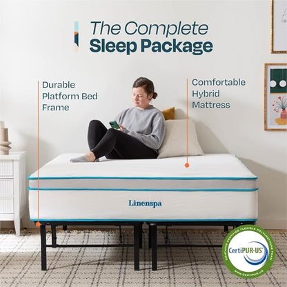 Linenspa 12” Memory Foam and Innerspring Hybrid Mattress + 14” Black Metal Platform Bedframe – Queen Mattress + Metal Folding Queen Bedframe
