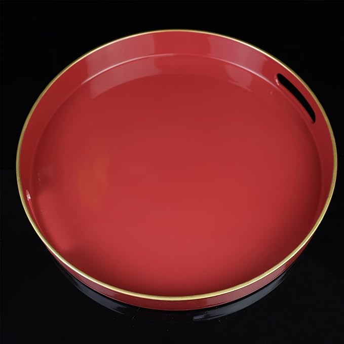 Red Round Decorative Tray with Handles, 13" Elegant Coffee Table Serving Tray for Ottoman Living Room, Bathroom, Outdoors, Breakfast
