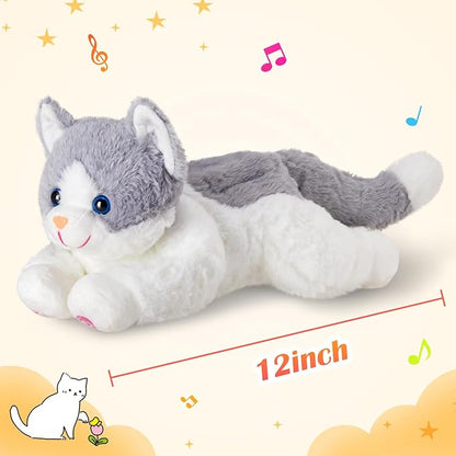 Houwsbaby 15" Gray LED Musical Cat Stuffed Animal Floppy Singing Kitty Light Up Plush Toy Kitten Lullaby Animated Soothe Birthday Festival for Kids Toddlers Girls Boys