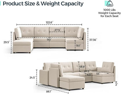 LINSY HOME Modular Sectional Sofa Oversized, Removable Cover Living Room Couches with Storage Deep Seat & Ottoman Chaise L/U Shaped Sofa Modern Couch (Grey, 6 Seats & 1 Ottoman)