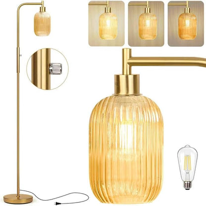 Glass Floor Lamp for Living Room, Dimmer Standing Lamp with Green Ribbed Lampshade,66” Tall Lamp & Gold Floor Lamp for Bedroom Study Room,Brushed Gold (Amber)