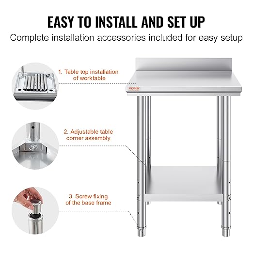 Mophorn Stainless Steel Table Work Table 24 x 24 x 34 Inch Commercial Food Prep Worktable Heavy Duty Prep Worktable Metal Work Table with Adjustable Feet for Restaurant, Home and Hotel