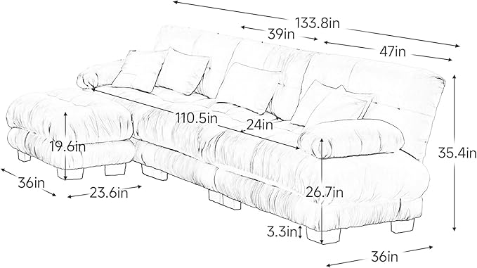133.8" Oversized Couch, 3 Seater Modular Sectional Sofa, Grey Large L Shaped Fluffy Couch Set, Chenille Cloud Sofas with Ottoman for Living Room