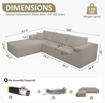 108" Cloud Sectional Couch with L-Shape Chaise,3 Seat Modern Modular Sofa (Grey)