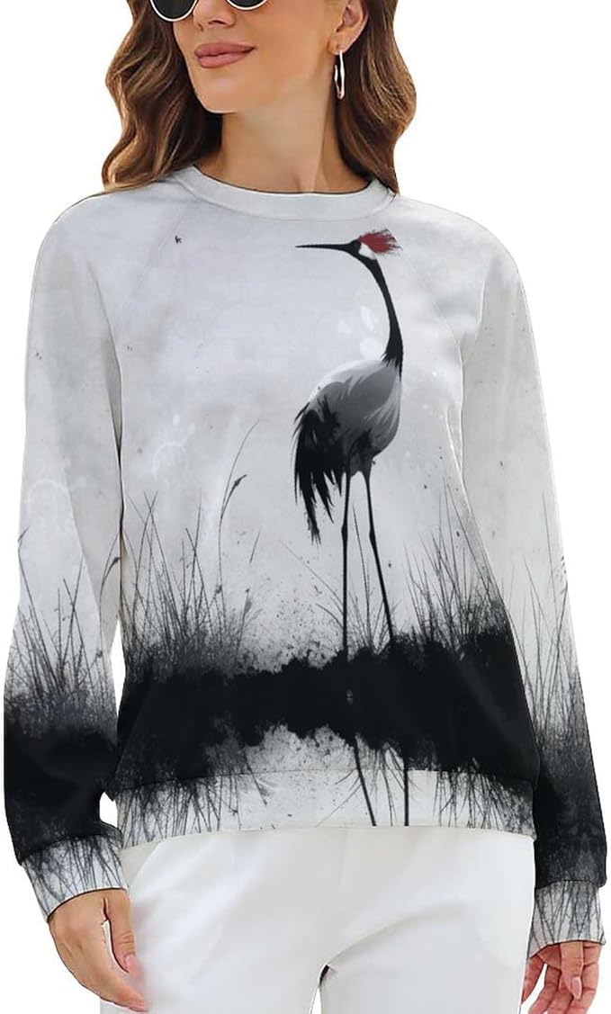Womens Long Sleeve Tops Y2k Japanese Art Print Sweatshirts Fall Pullover for Women Crewneck Vintage Shirts Boho Tops