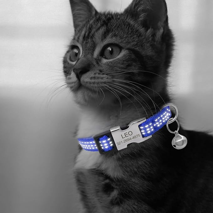 Personalized Reflective Nylon Cat Collar with Name Phone,Custom Engraved Buckle Cat Collar with Bell,Adjustable for Small Dogs Puppy Kitten (Navy Blue,fit 7.5''-12.0'')