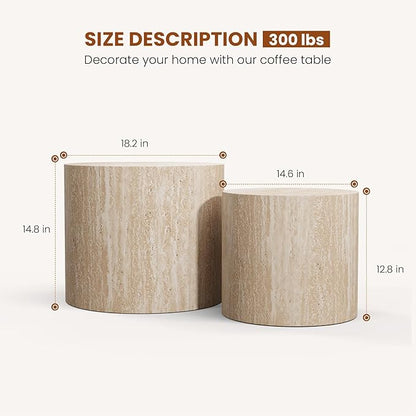 Nesting Coffee Table Set of 2 Modern Round Coffee Table with Non-Slip Feet, Wooden Circle Accent Tables Contemporary Drum Side Table End Table for Living Room Bedroom (Travertine)