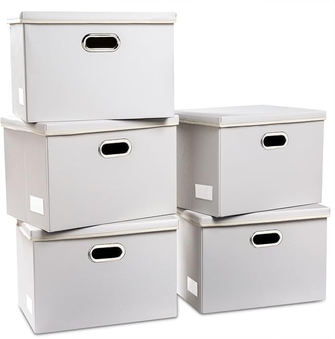 PRANDOM Large Stackable Storage Bins with Lids [5-Pack] Leather Fabric Foldable Storage Boxes Organizer Containers Baskets Cube with Cover for Bedroom Closet Office Nursery White (17.7x11.8x11.8)