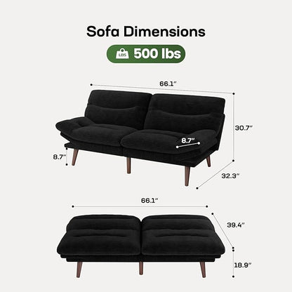 Marsail Futon Sofa Bed, Futon Couch with Adjustable Backrest & Armrests, Convertible Small Sleeper Sofa Bed for Small Apartments, Study Room, Office, Corduroy Loveseat, Black