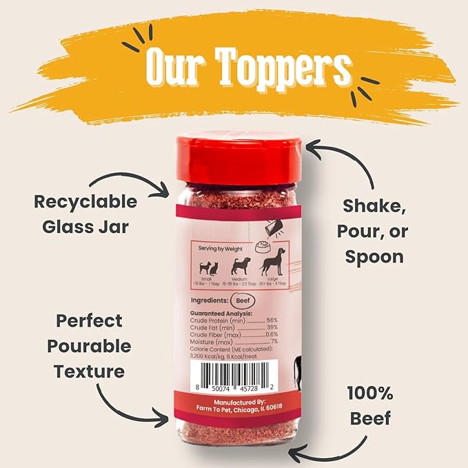 Farm To Pet - Dog Food Topper - 4.7 oz Beef Meal Toppers for Dogs, Single Ingredient, Lean, All Natural, Healthy Food for Small, Medium, Large Breeds, & Puppies - Made in USA