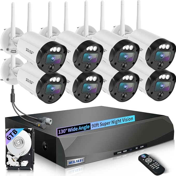 【90ft Super Night Vision】 5MP Outdoor Wireless Security Camera System, Wireless