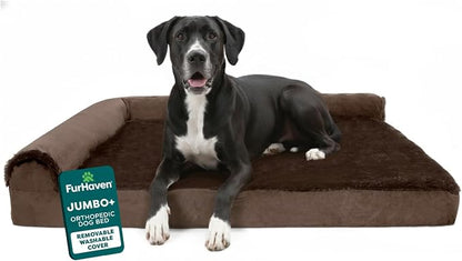 Furhaven Orthopedic Dog Bed for Large Dogs w/ Removable Bolsters & Washable Cover, For Dogs Up to 125 lbs - Plush & Velvet L Shaped Chaise - Sable Brown, Jumbo Plus/XXL