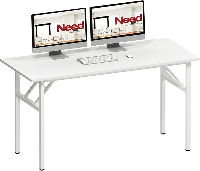 Need Office Computer Desk - 54.3L Sturdy and Heavy Duty Folding Laptop Table,Writing Table/Home Office Desk/Sewing Table,No Assembly Required (White & White Frame)