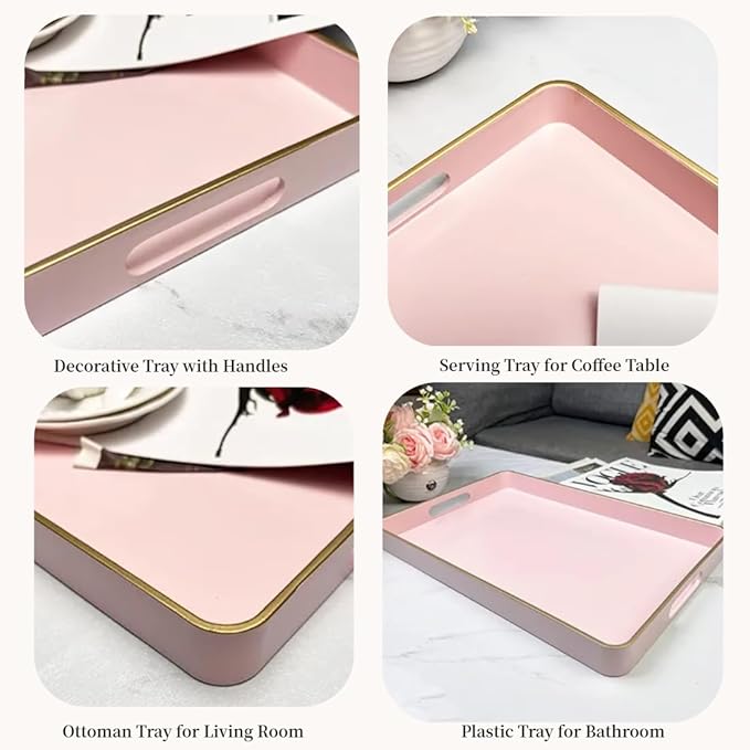Pink Coffee Table Tray, Decorative Serving Tray with Handles, Plastic Rectangular Tray for Ottoman, Bathroom, Living Room. 15.7"*10.2"