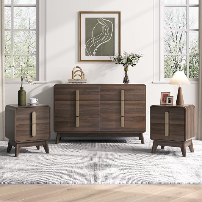Mid Century Modern Bedroom Set, 6 Drawer Dresser and Nightstand Sets for Bedroom, Night Stand Set 2 & 6 Drawer Dresser with Gold Handles, Wood Chest of Drawers Storage Cabinet Set, Walnut