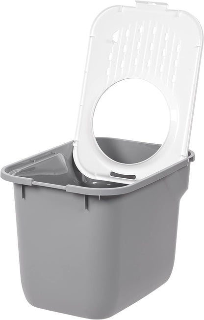 IRIS USA Cat Litter Box Large Top Entry with Lid, Enclosed Litter Box with Litter Catching Lid & Scoop, Covered Cat Litter Box Enclosure for Privacy, High Sided, Gray/White